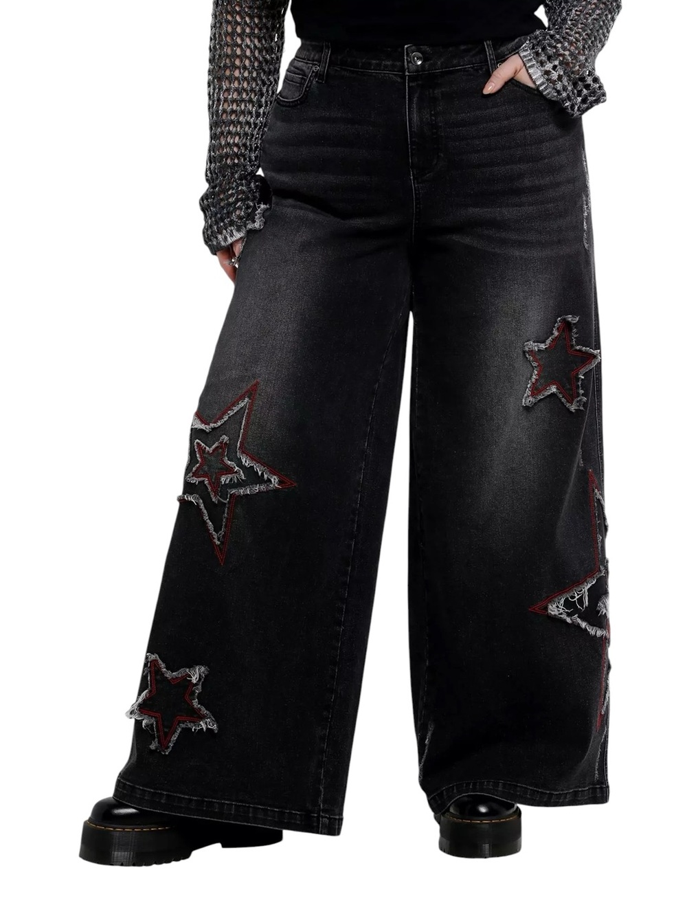 Hot Topic Red & Grey Distressed Stars Wide Leg Jeans Women’s Sz 16 - Picture 8 of 9